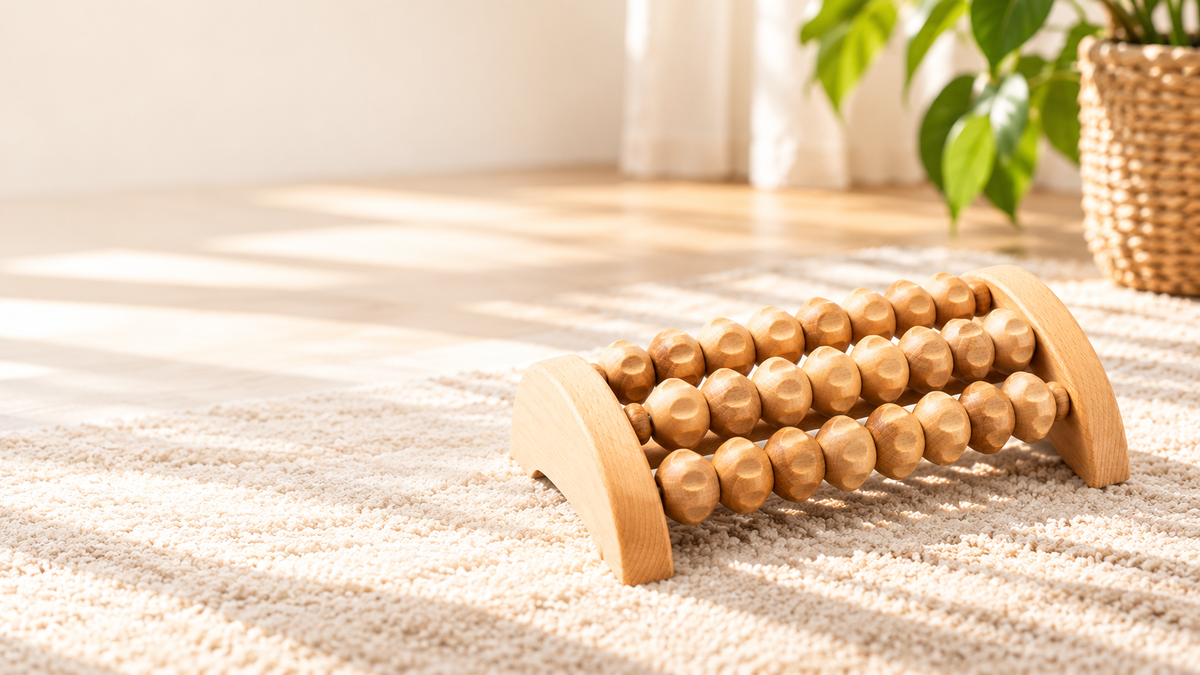 Solepico wooden foot massage roller in a sunlit home